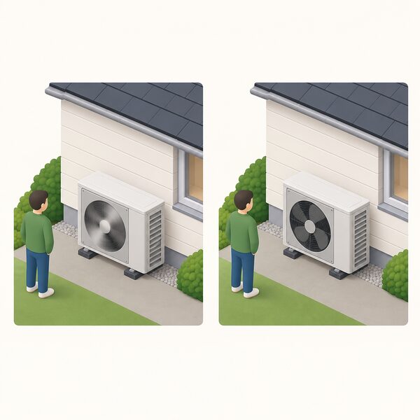 An isometric figure stands beside a heat pump outdoor unit on the ground outside a house wall, with the fan shown spinning fast in one panel and slowly in another to show it running harder when power is cheap and easing off when it is expensive.