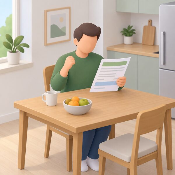 A homeowner sits at a kitchen table at home holding a printed energy bill, reading it with a relaxed, satisfied posture, the bill shown as a physical sheet with plain colour bands and blank lines carrying no readable figures.