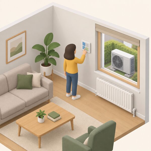 A simplified isometric living room where a person stands at a wall-mounted heat pump control on an inside wall, tapping its plain screen, with an air-source heat pump unit visible outside through the window and a radiator in the room.
