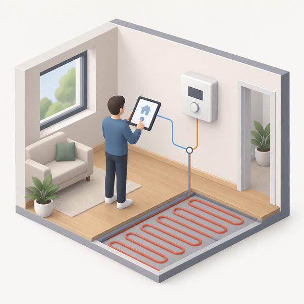 An isometric indoor scene showing a wall-mounted heat pump controller with a separate software control device beside it, both linked by a simple line to show two control authorities acting on the same heating system.