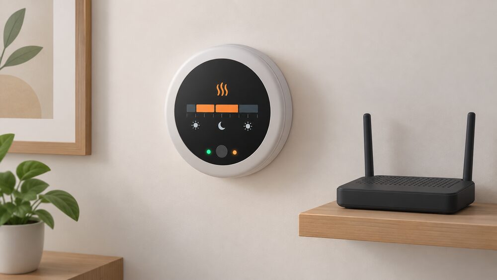 A close-up of a wall-mounted smart thermostat with a small screen showing a heating schedule, its indicator lights lit, while a broadband router on a nearby shelf sits dark and unlit, showing the heating control still working without an internet connection.