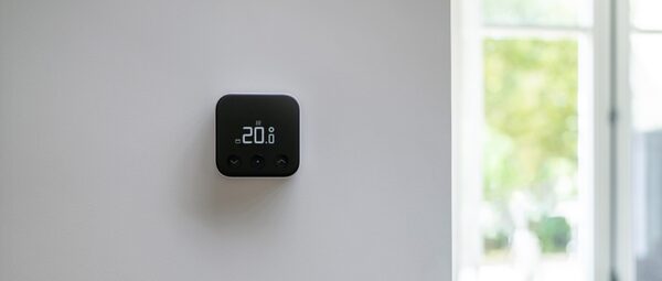 A black tado° smart thermostat mounted on a white wall displaying 20°C, with a bright window in the background.