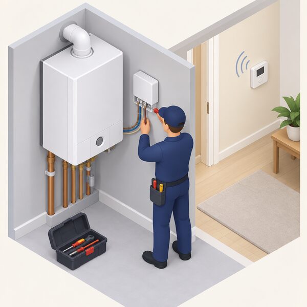 A trained professional, shown as a small isometric figure with a screwdriver, wires a receiver unit mounted beside a domestic boiler, with a cable running from the receiver into the boiler's wiring connections and a wireless thermostat visible on a hallway wall in the background.
