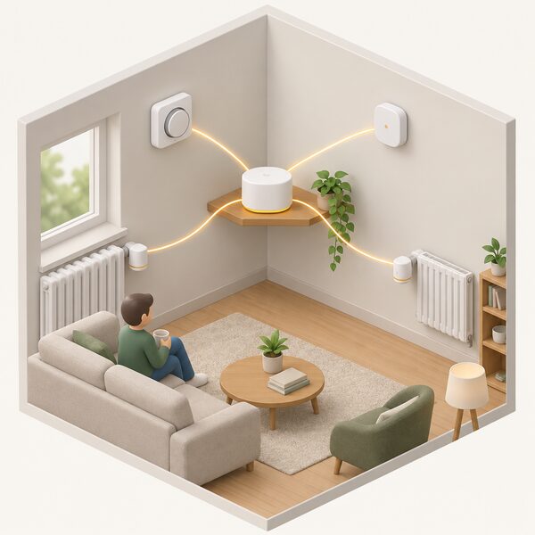 A small isometric living room shelf holding a single smart heating hub, with plain lines radiating out to a wall thermostat, radiator valves and a sensor elsewhere in the room, showing every device connected back to that one box.