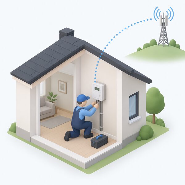 A compact smart electricity meter mounted on an interior wall of a home, with a simplified isometric installer figure finishing the connection, and a signal path shown as a plain dotted arc rising from the meter toward a stylised mast, indicating automatic readings over the dedicated network rather than home internet.