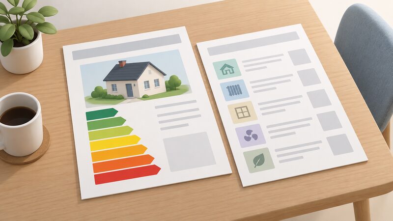 A domestic Energy Performance Certificate lying on a table, drawn as a physical document with a plain colour-banded A to G efficiency chart and a separate attached recommendation report sheet shown with blank lines and plain blocks.