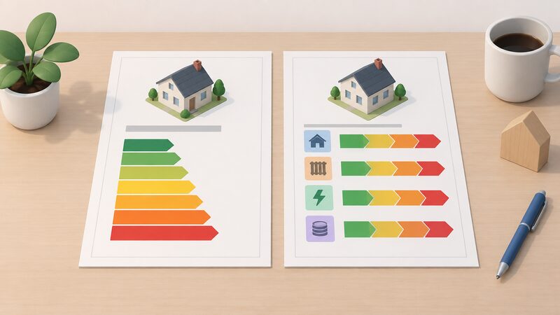 Two certificate sheets side by side on a table: the left one showing a single current-style rating band, the right one a new-style certificate with four separate plain colour bands for fabric heat retention, heating system, energy use and cost, each as a blank A-to-G style scale.