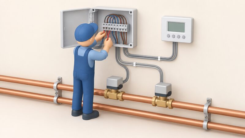 An open wiring centre box with a bundle of wires running to two motorised zone valves on heating pipework and to a wall-mounted programmer, with a simplified electrician figure connecting a wire into the box.