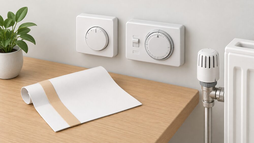 A small tabletop arrangement of a rolled or folded blank certificate document lying beside a wall-mounted room thermostat, a small programmer with a plain dial, and a thermostatic radiator valve head, arranged as the physical controls an assessor would record during a survey.
