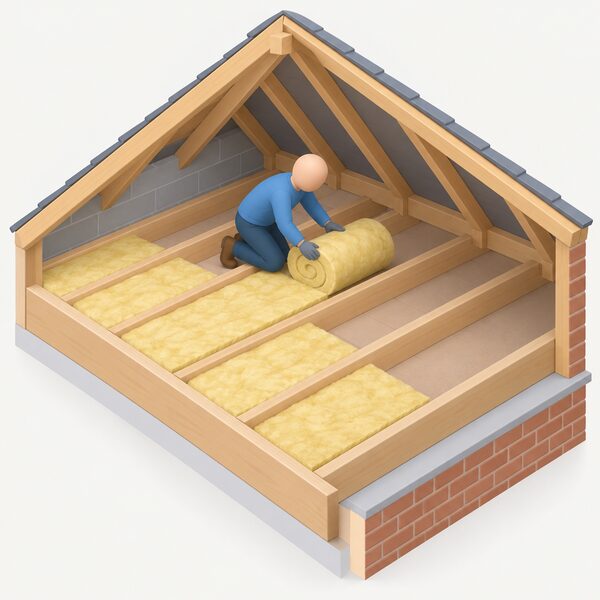 A simplified isometric figure kneeling in a loft, unrolling a roll of mineral wool insulation and laying it between the timber joists over the ceiling, with a few already-filled bays beside showing the work in progress.