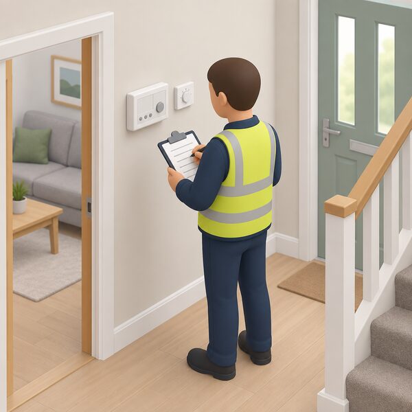 An accredited energy assessor standing in the hallway of an existing home, clipboard in hand, looking at a wall-mounted heating controls panel next to the room thermostat while recording the control types present during an RdSAP site survey.