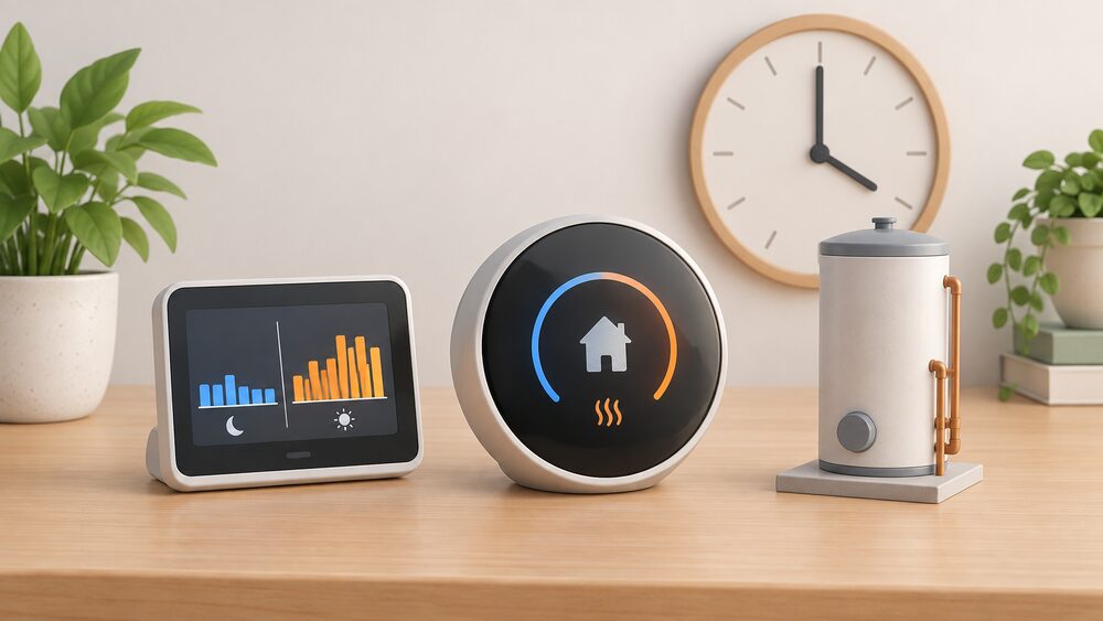 A small tabletop arrangement showing a programmable smart thermostat and a smart meter display unit standing side by side on a table, with a plain clock face behind them and a hot water cylinder shown as a small model, suggesting heating schedules shifted into cheaper overnight price windows.