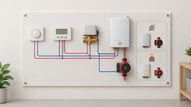 A wall-mounted wiring diagram panel showing a room thermostat, programmer, motorised zone valve and boiler connected by drawn wiring lines, with the zone valve switching the boiler and pump off when no heat is called for.