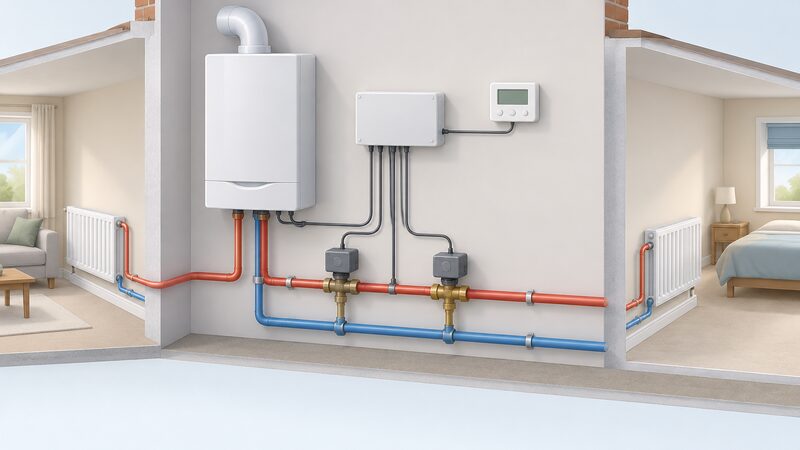 A cutaway interior scene showing a wall-mounted gas boiler connected by pipework to two motorised zone valves on the flow pipes, with a wiring centre junction box and a wall programmer, all linked by clearly drawn control wiring between boiler, programmer and zone valves.