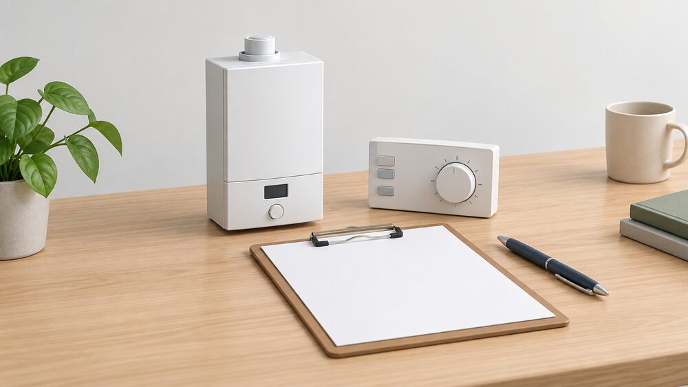 A small model of a wall-hung combi boiler stands on a table beside blank commissioning paperwork on a clipboard, a pen, and a programmer-style control box with a plain dial, arranged as the moment an installer records that heating controls have been fitted and checked.