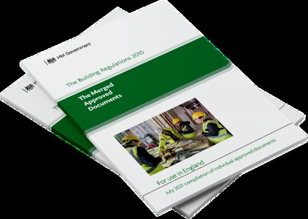 Two stacked copies of the HM Government booklet 'The Building Regulations 2010: The Merged Approved Documents', July 2021 edition, for use in England
