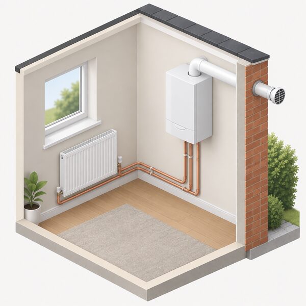 A cutaway view of a room in a house showing a wall-mounted condensing boiler connected with pipework to a radiator, with the boiler's flue duct passing horizontally through the external wall to a terminal outside.