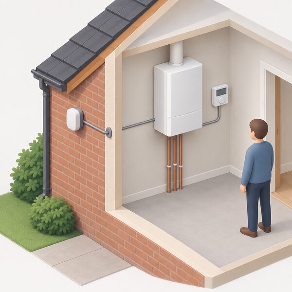 A small weather compensation sensor unit mounted on an outside wall, wired through the wall to the boiler and its compatible control beside it indoors, shown in a cutaway view of a house corner.