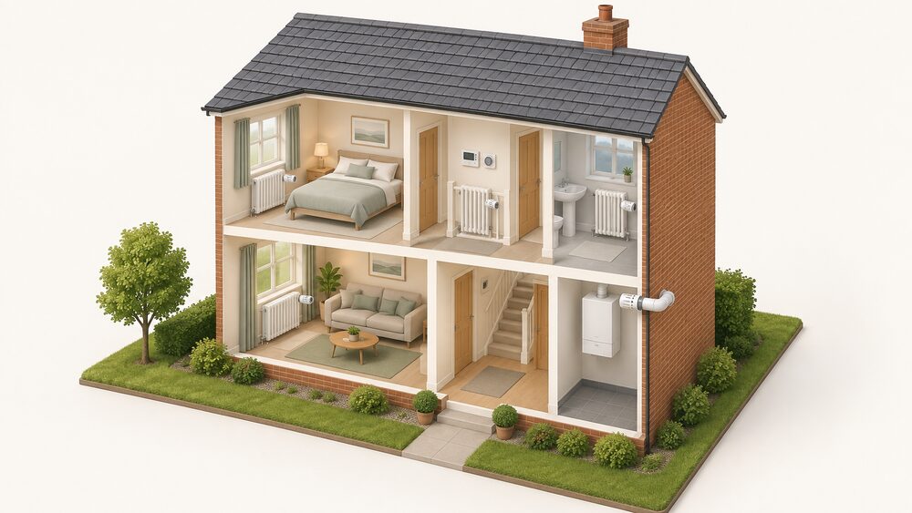 A cutaway two-storey house showing a programmer and a wall-mounted room thermostat in the hallway, a boiler indoors with its flue through an external wall, and thermostatic radiator valve heads on radiators in several rooms, illustrating how core heating controls sit across a whole home.