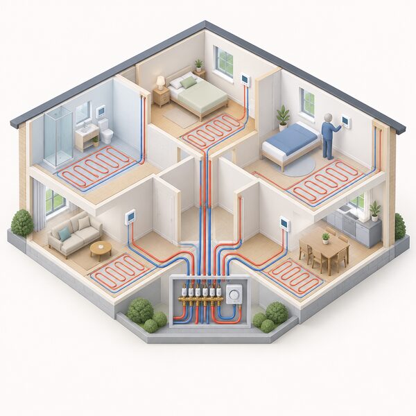 A cutaway isometric view of a small home showing a wall thermostat in each of several rooms above underfloor heating loops in the floor, with lines running down to a manifold with zone valves and a timer, one simplified figure adjusting a thermostat in one room.