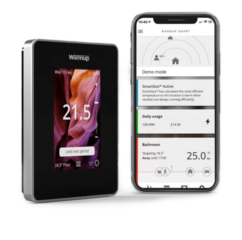 A Warmup smart thermostat next to a smartphone showing the Warmup Smart app with heating controls and daily energy usage