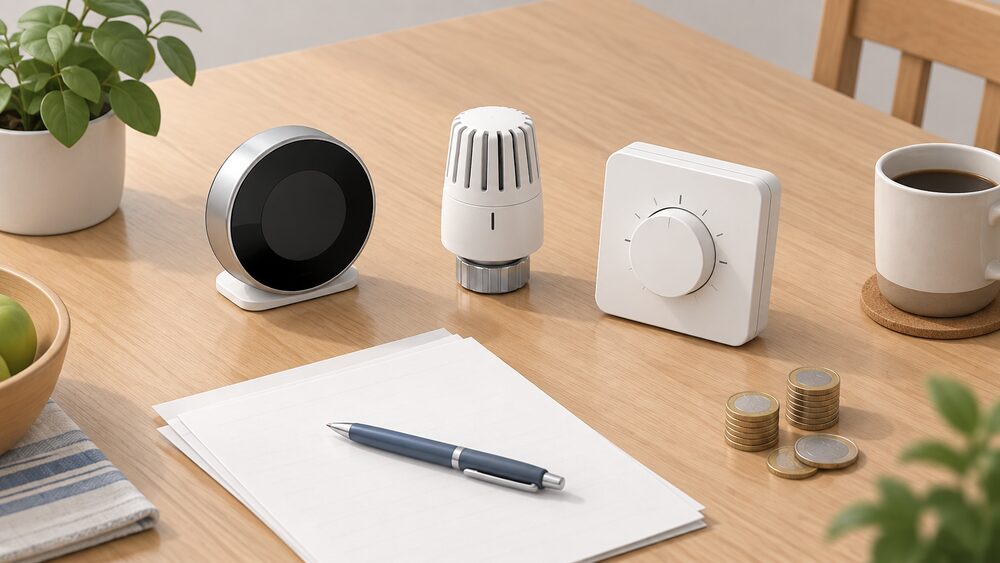A kitchen table seen from above with a smart thermostat, a traditional thermostatic radiator valve head and a simple dial room thermostat laid out beside blank paperwork, a pen and a small stack of coins, as a household compares heating control options before buying.