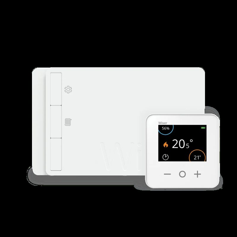 A Drayton Wiser smart room thermostat kit with a white receiver box and a square thermostat showing 20.5°C on its display