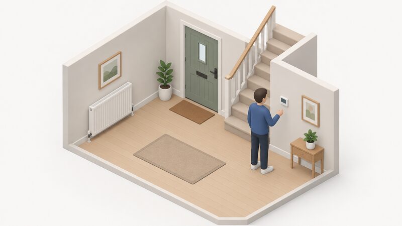 A small isometric hallway with a wall-mounted thermostat on the wall at mid-height, positioned well away from a radiator on the opposite wall, a closed front door and a staircase, with a simplified figure glancing at it.