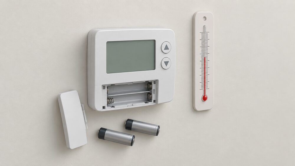 A wall-mounted room thermostat close up with its battery cover slid off and two spent batteries lying beside it, a separate household thermometer placed next to the unit for comparison, on a plain interior wall with nothing else in view.