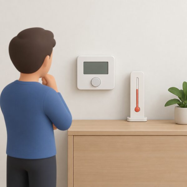 A wall-mounted room thermostat on an interior wall with a separate freestanding thermometer placed directly beside it for comparison, both away from sun and draughts, with the heating switched off.