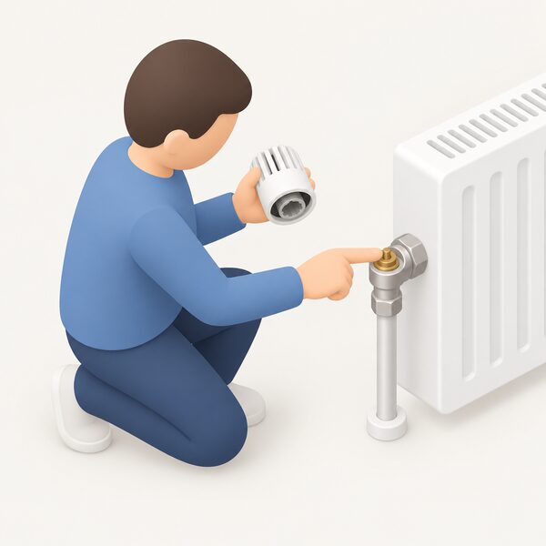 A simplified isometric figure of a householder holding a removed TRV head in one hand while pressing the exposed pin on the radiator valve body with the other, the head's underside visible beside the pin.