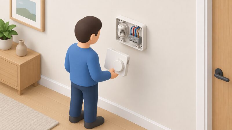 A wall-mounted room thermostat on an interior wall with its front cover removed, revealing the temperature sensor and wiring terminals inside the housing, with a simplified figure inspecting it.