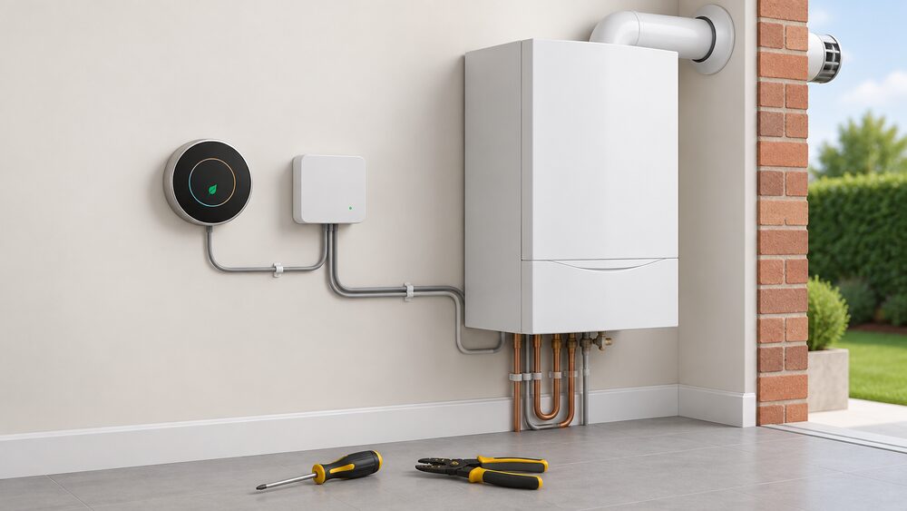 A close-up of a wall-mounted smart thermostat with a small receiver box beside it, connected by visible low-voltage wiring to a wall-hung combi boiler whose flue passes through the external wall, with a screwdriver and cable strippers resting on the floor below.