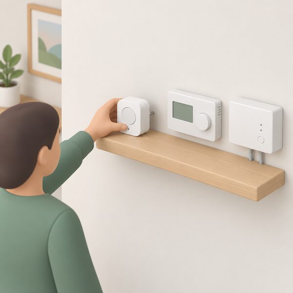 A tenant's hand placing a small plug-in controller on a wall shelf beside the existing wired room thermostat and receiver, with no wires disturbed, showing the reversible addition a renter may make without rewiring the heating system.