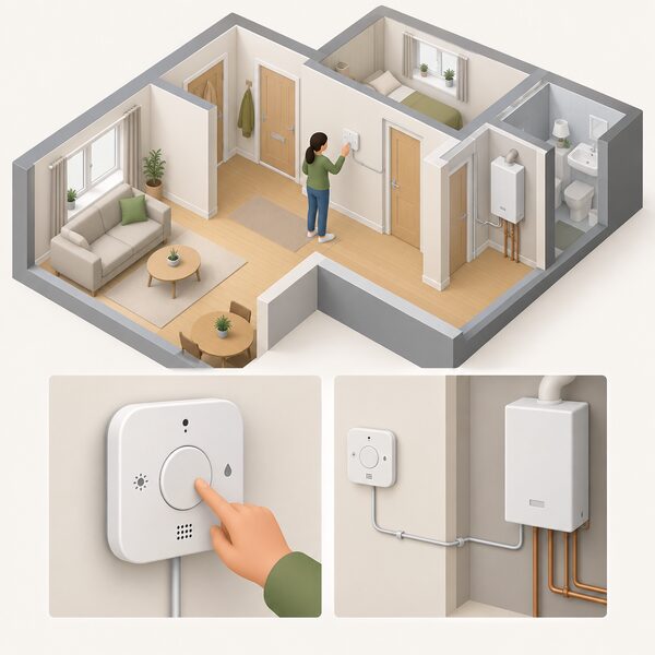 A wall-mounted smart thermostat unit in the hallway of a modest new-build social rented flat, drawn as a slim rounded panel with small sensor openings, connected by a low-voltage cable back to the heating system, with a simplified occupant adjusting its controls.