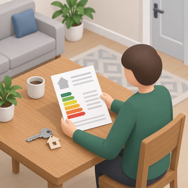 A domestic energy performance certificate lying on a table in a rented home, drawn as a physical sheet with a plain coloured rating band and blank line blocks instead of readable content, beside a house key and a small simplified isometric figure of a landlord or tenant holding the paper.