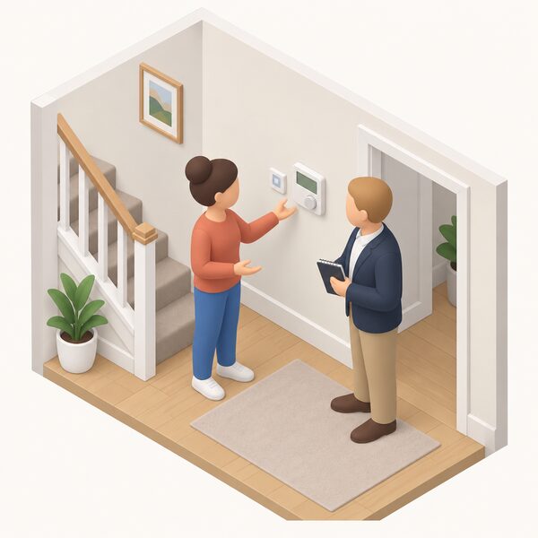 A landlord and a tenant stand together in the hallway of a rented house beside the wall-mounted heating controls and thermostat, the tenant gesturing toward them while the landlord holds a small notebook, showing the negotiation over who pays and who benefits.