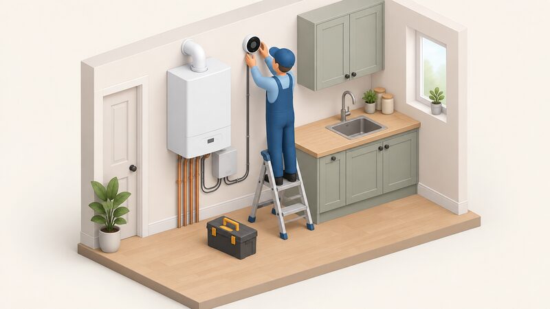 A small isometric installer fitting a wall-mounted smart thermostat on the kitchen wall directly above a wall-hung combi boiler, with a cable run between the two and a receiver box wired at the boiler, showing the alteration to the landlord's heating system.