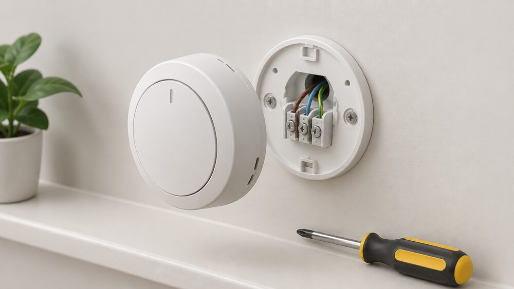 A close-up of a round room thermostat lifted away from its wall backplate, with the old backplate's screw terminals and wires visible behind it and a small electrician's screwdriver resting on the wall ledge below.