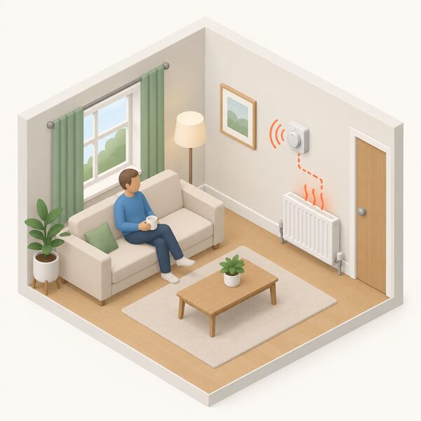 A simple isometric view of a basic room thermostat mounted at head height on an interior wall of a living room, shown sensing the room's air temperature with a subtle on/off signal linking it to the heating, with no schedule or connectivity features depicted.