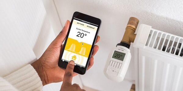 A hand holding a smartphone showing a heating control app set to 20 degrees next to a smart radiator valve fitted on a white radiator
