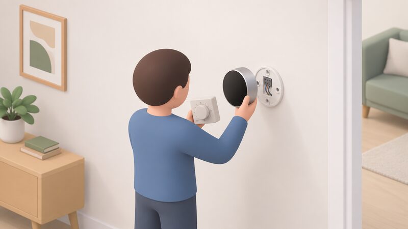 A simplified isometric figure swaps a smart thermostat onto an existing wall-mounted backplate, with the old room thermostat removed and the reused wiring position visible behind the new unit.