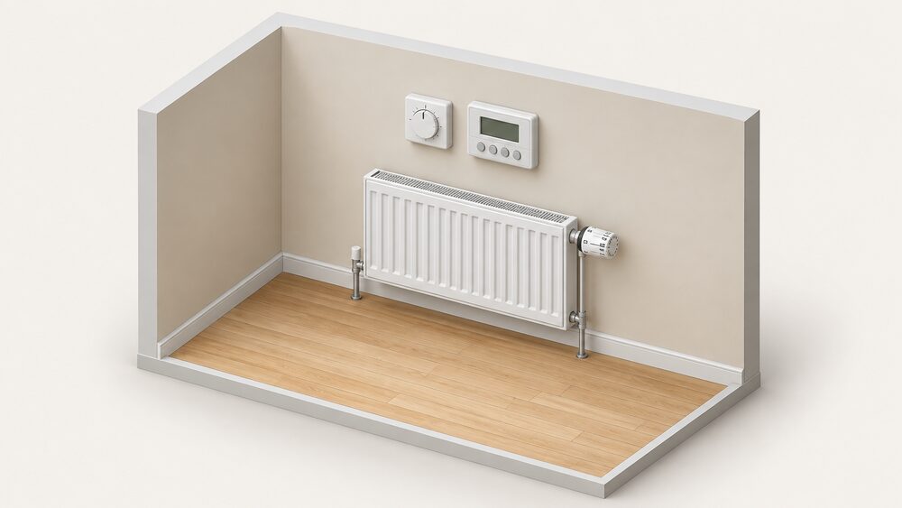 A room interior wall with a wall-mounted room thermostat with a plain numbered dial, a wall-mounted programmer beside it, and a radiator on the wall below fitted with a thermostatic radiator valve dial numbered 0 to 6, all clear of curtains and furniture.