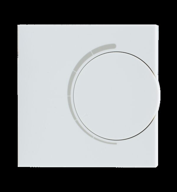 A white square SALUS wired digital room thermostat with a large circular dial on a plain background