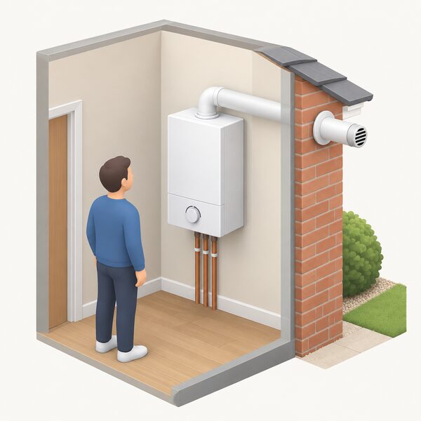 A wall-mounted gas combi boiler inside a home with its front control panel showing a plain flow temperature dial, and its horizontal flue pipe passing through the external wall to a terminal outside.