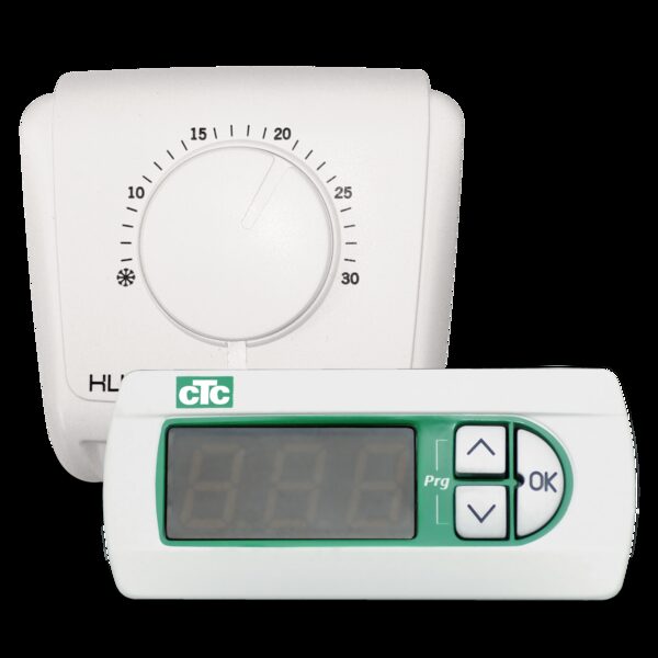 A CTC room thermostat dial unit and a CTC digital control panel with display and buttons