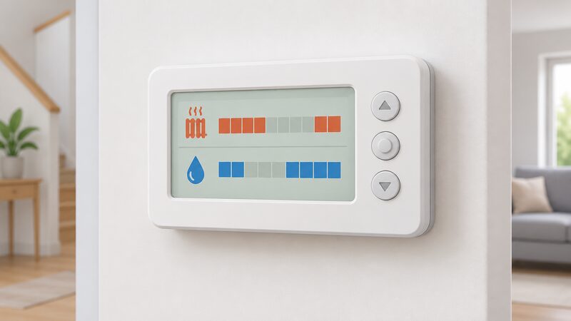 A wall-mounted two-channel programmer shown close up as a small rectangular control with a screen and buttons, its display showing two separate plain schedule rows, one for heating and one for hot water, each with its own set of blank time blocks.