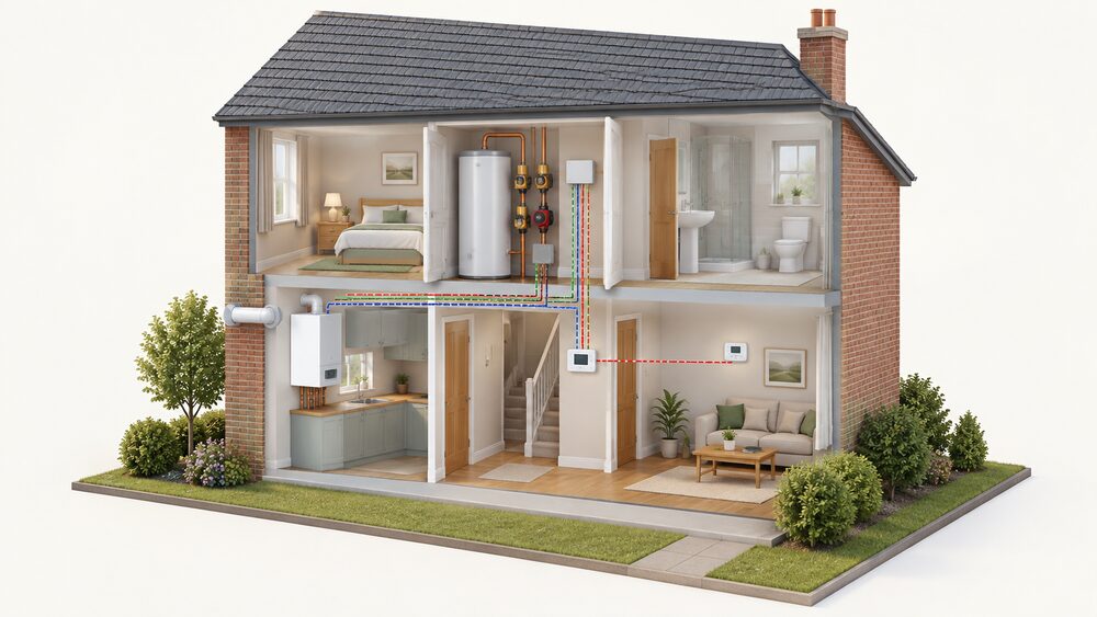 A cutaway UK house showing a wall-mounted boiler in the kitchen, a hot water cylinder in the airing cupboard with a two-port zone valve and pump on its pipework, a wiring centre junction box beside the cylinder, a programmer on the hall wall and a room thermostat in the living room, all linked by low-voltage control cables.