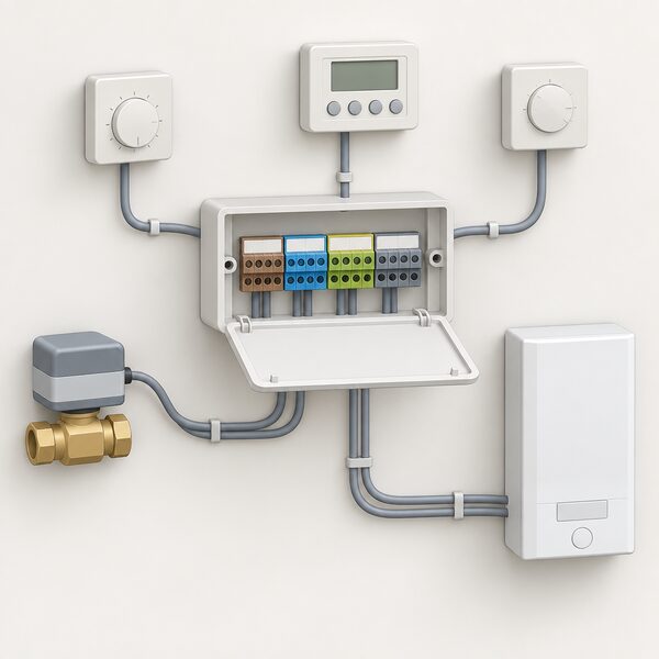 An open purpose-made wiring centre mounted on a wall, its hinged cover down to reveal a labelled terminal block with plain colour-banded terminal rows, and simplified cable looms running out to a motorised zone valve, a room thermostat, a cylinder thermostat, a programmer and the boiler connection.