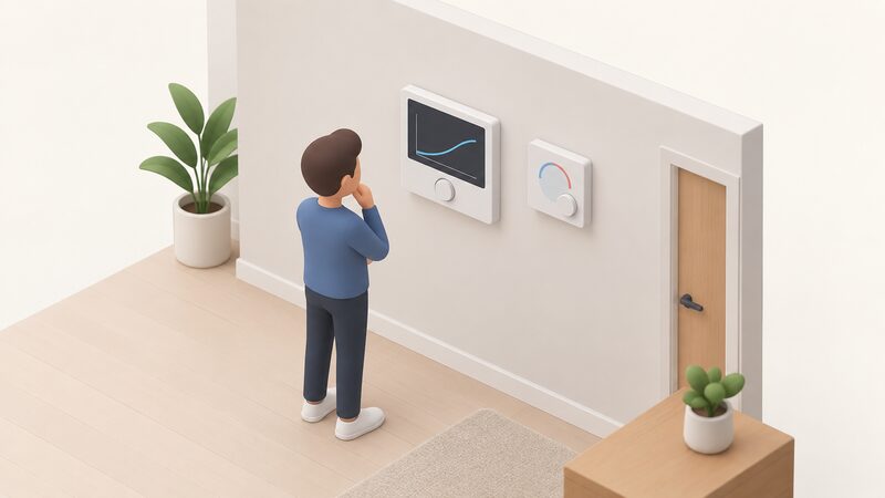 An interior wall scene showing a heat pump controller screen displaying a weather compensation curve as a simple rising line, with a separate wall-mounted room thermostat nearby, an isometric figure glancing between the two devices.